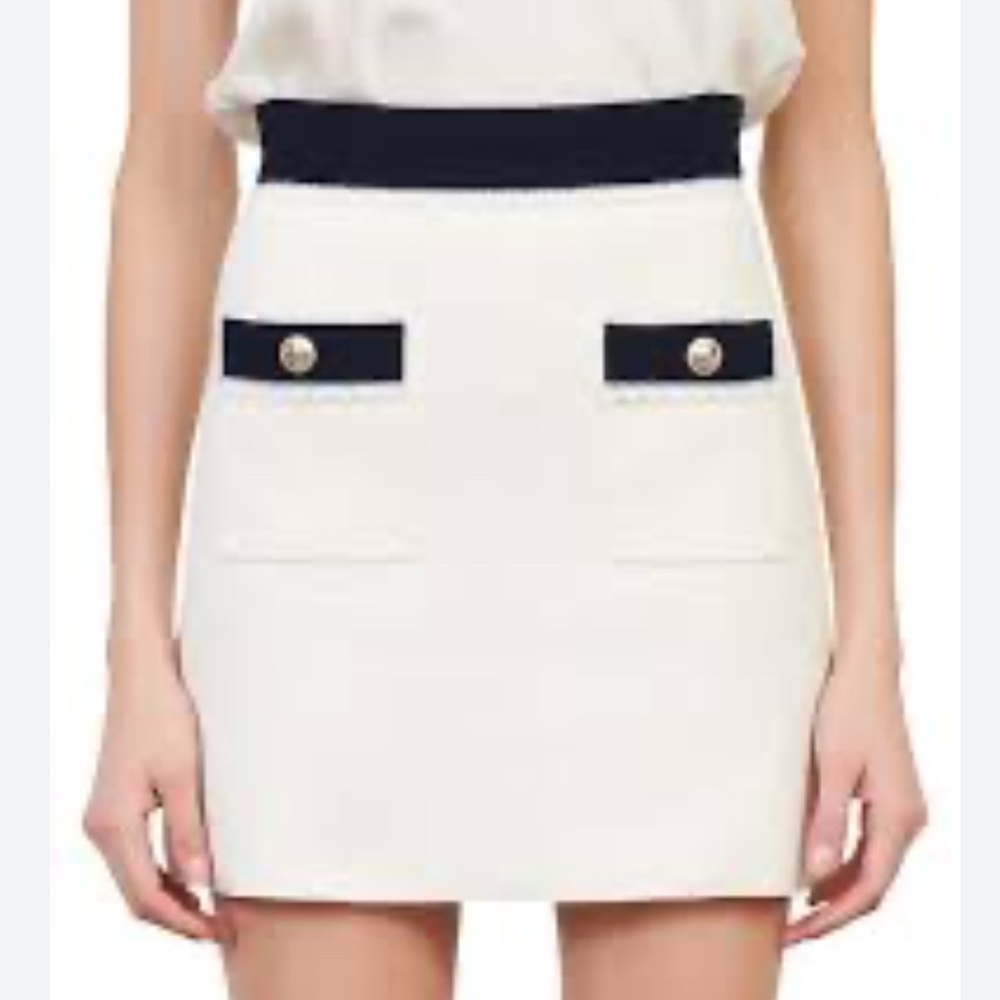 Maje Cream and Blue Mini Pencil Skirt